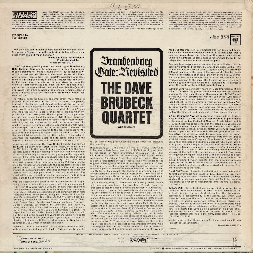 The Dave Brubeck Quartet / デイヴ・ブルーベック / Brandenburg Gate: Revisited (CS 8763)