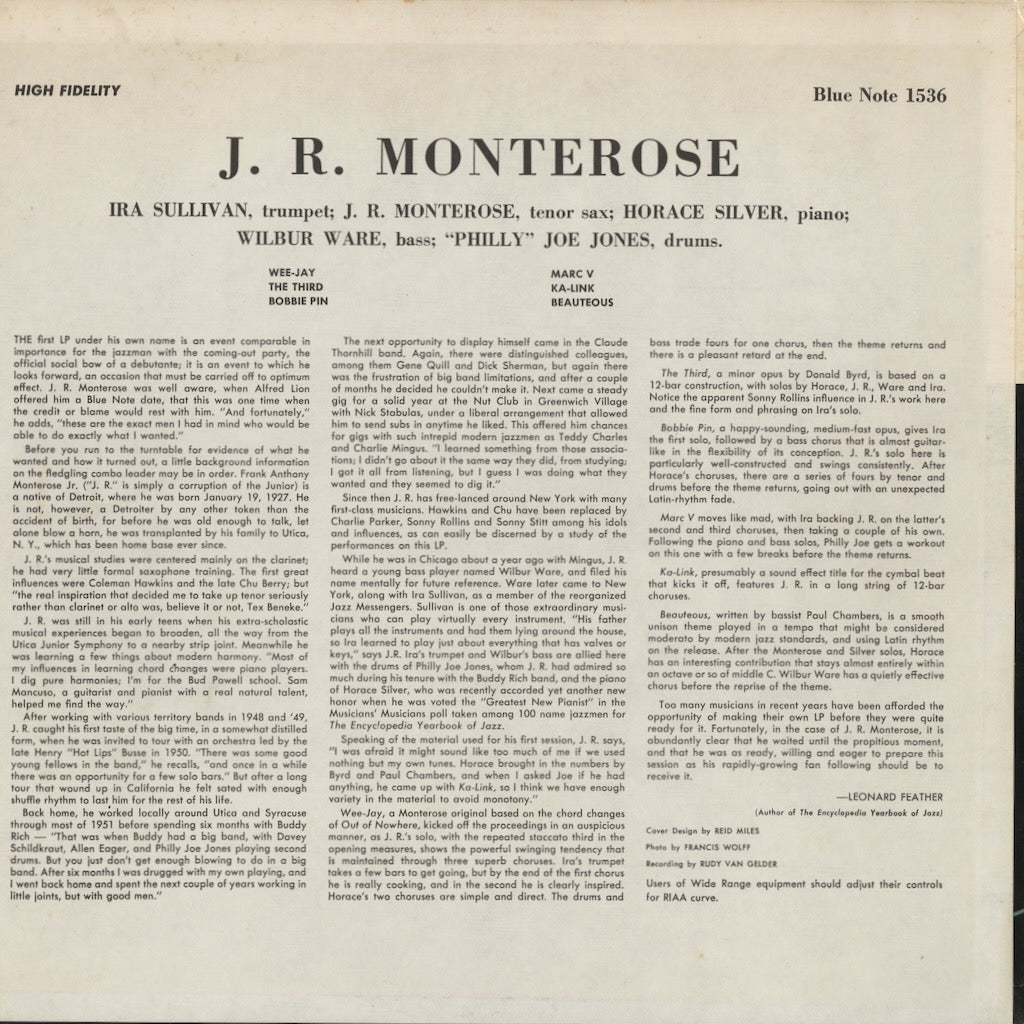 J.R. Monterose – J.R. Monterose (BLP 1536) LP 1972 US Blue Note | 中古LP