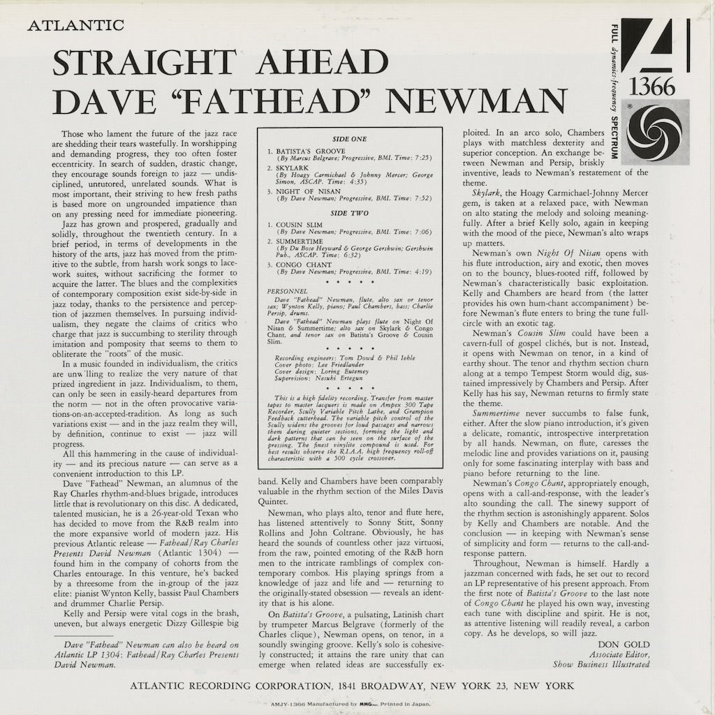 Dave Fathead Newman - Straight Ahead (AMJY 1366) 1992 JPN Atlantic｜中古LP