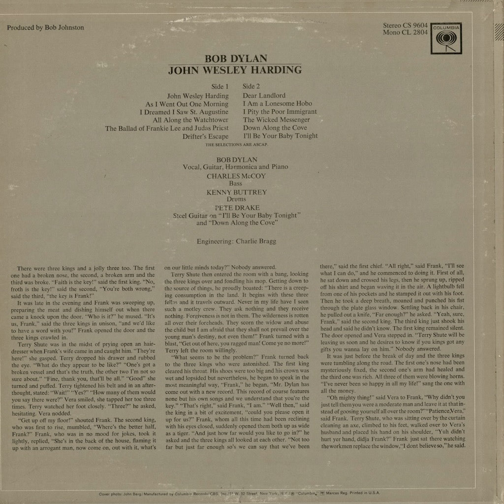Bob Dylan - John Wesley Harding (CS 9604) 1968 US Columbia STEREO｜中古LP