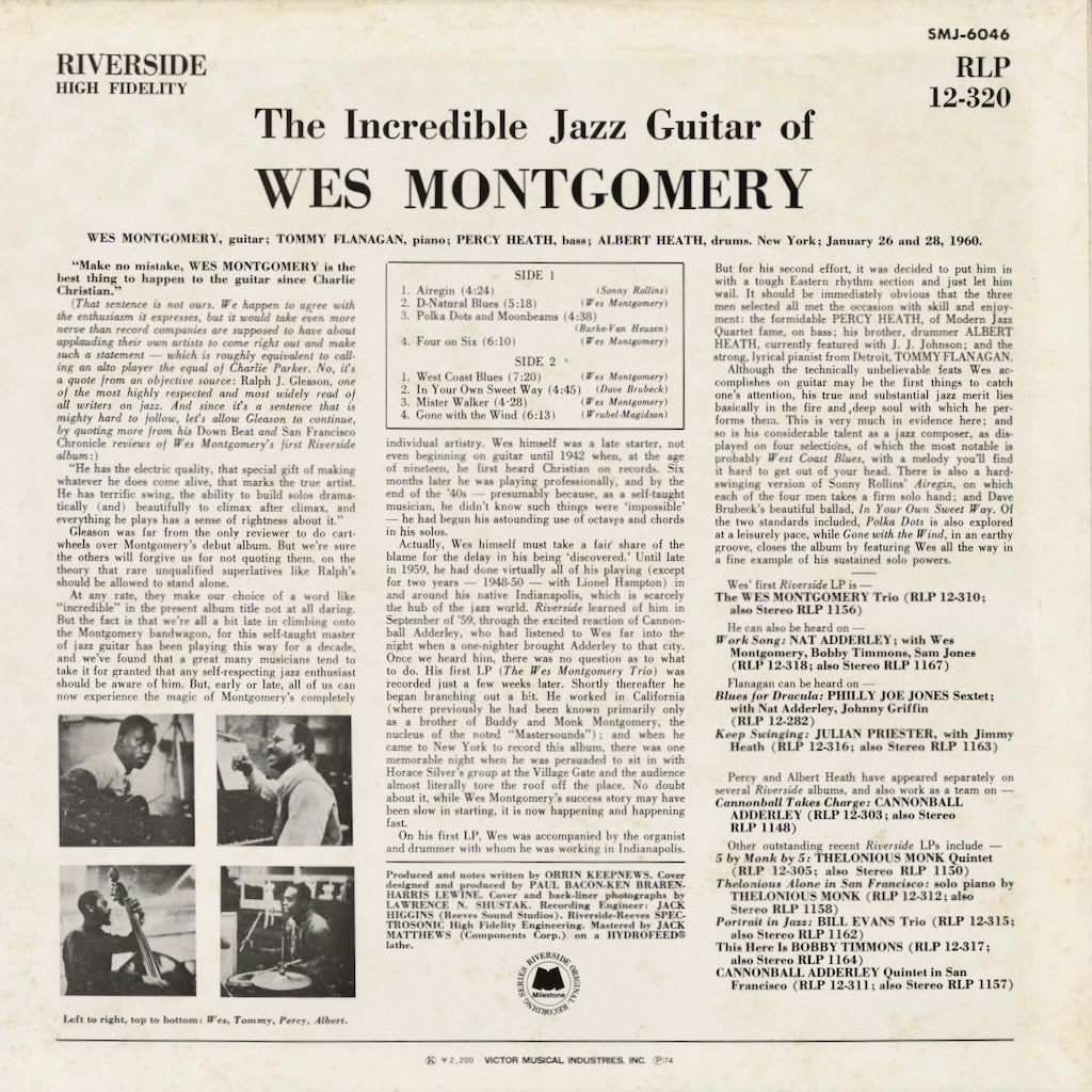 Wes Montgomery - The Incredible Jazz Guitar Of Wes Montgomery (SMJ-6046) 1974 JPN Milestone - Victor｜中古LP