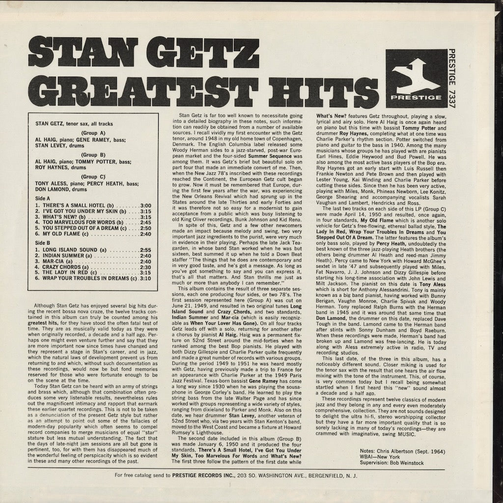 Stan Getz - Stan Getz Greatest Hits (PRT-7337) 1970's US Prestige｜中古LP