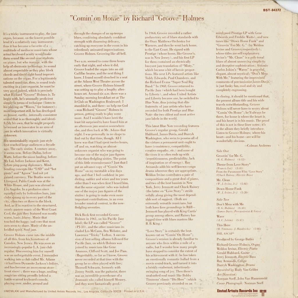 Richard Groove Holmes - Comin' On Home (BST-84372) 1972 US Blue Note｜中古LP