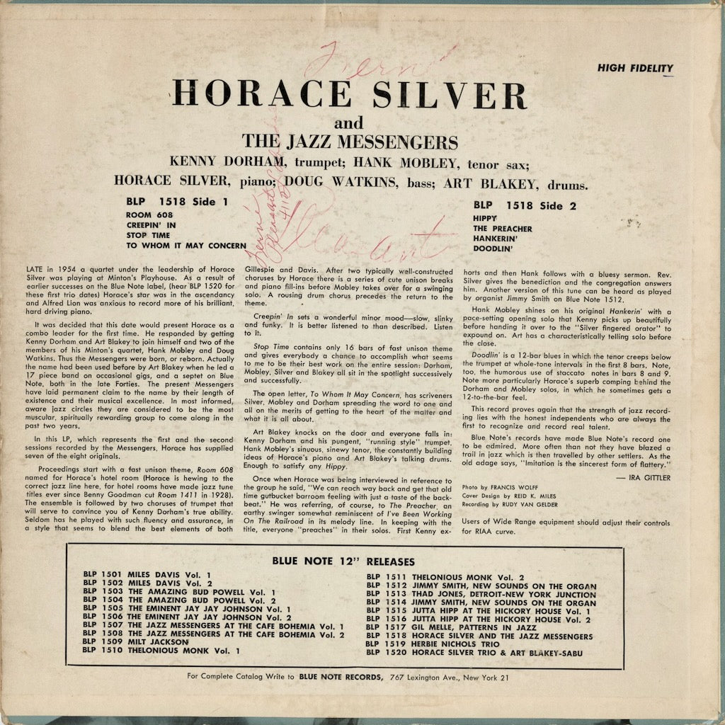 Horace Silver and The Jazz Messengers – Horace Silver and The Jazz Messengers (BN 1518) LP 1958 US Blue Note｜中古LP