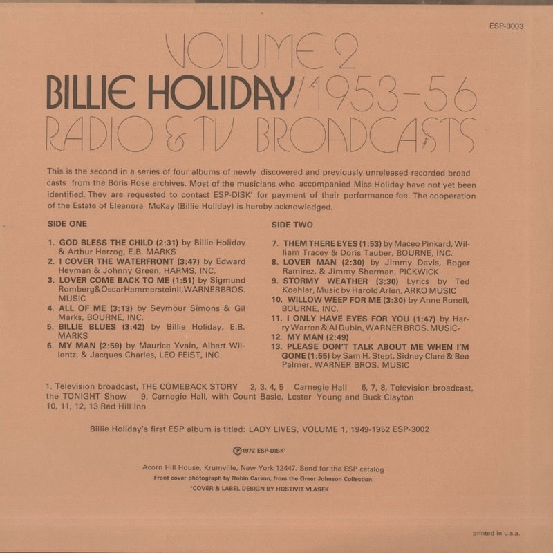 Billie Holiday / ビリー・ホリデイ / 1953-56 Radio & TV Broadcasts Volume 2 (ESP-3003)