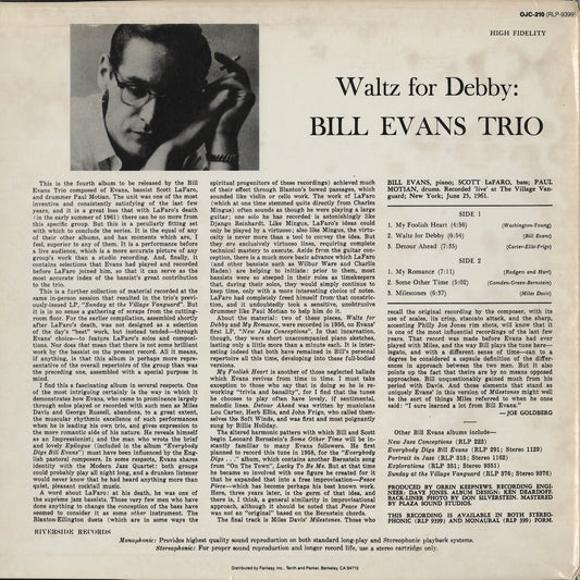 Bill Evans - Waltz For Debby (OJC-210) LP 1985 US Riverside｜中古LP
