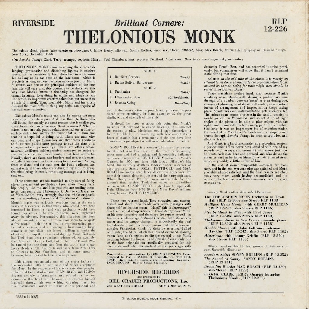 Thelonious Monk - Brilliant Corners (SMJ-6136M) 1976 JPN Riverside｜中古LP