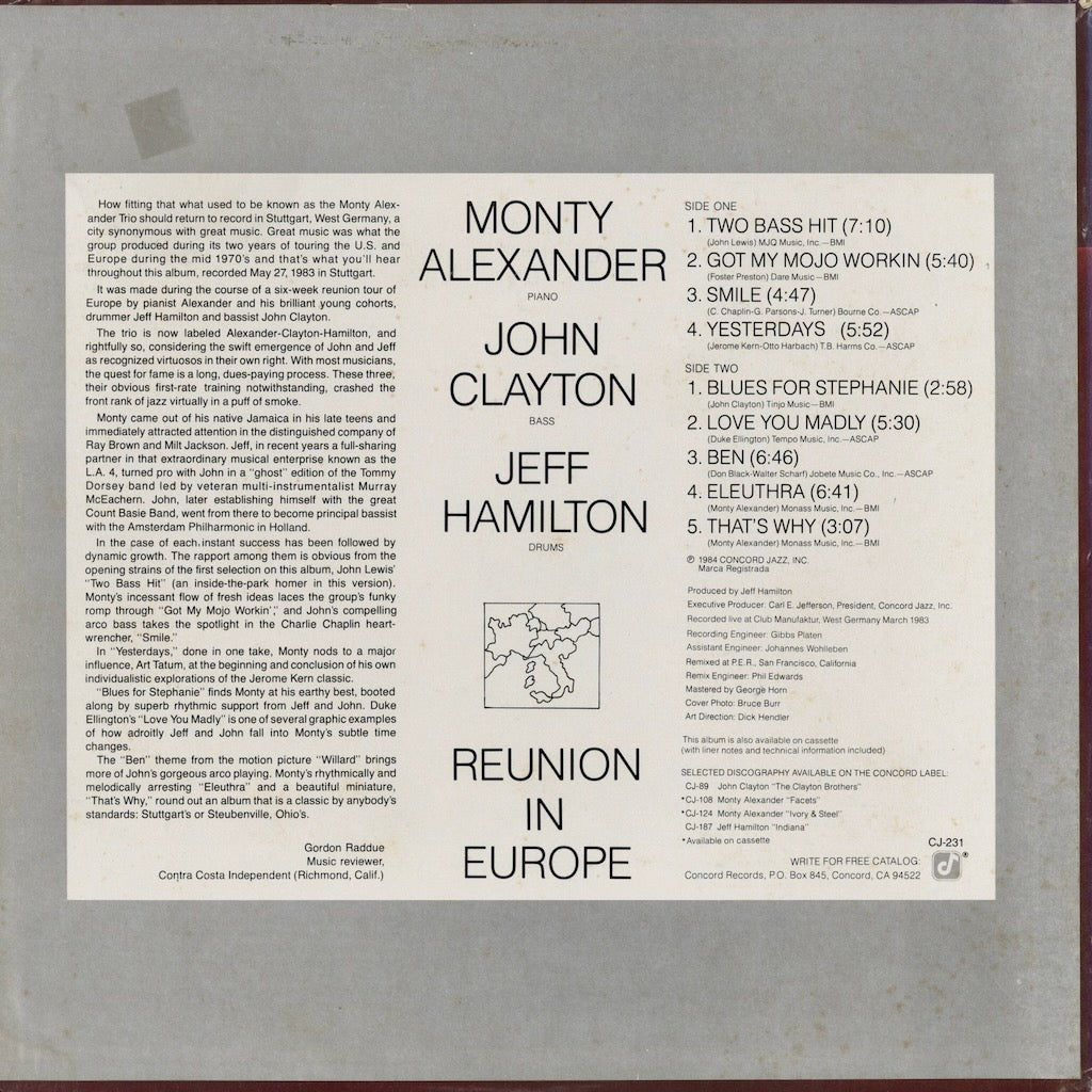 Monty Alexander - Reunion In Europe (CJ 231) 1984 US Concord Jazz｜中古LP