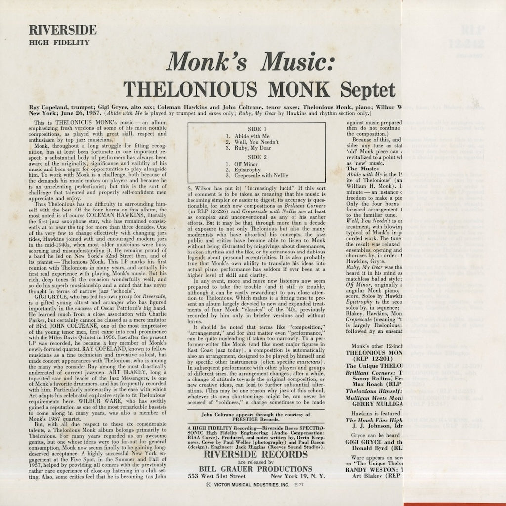 Thelonious Monk / セロニアス・モンク / Monk's Music (SMJ-6207 