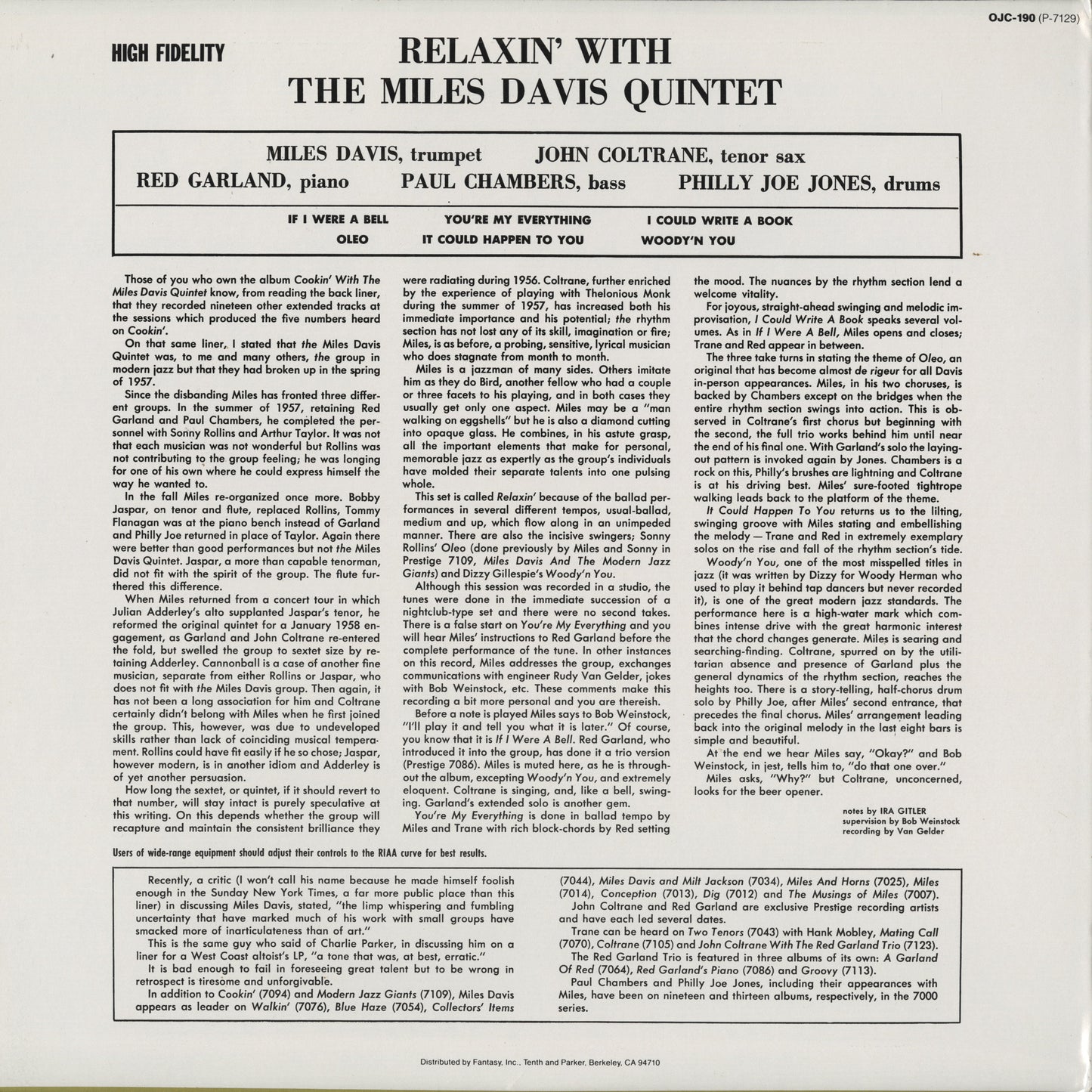 Miles Davis / マイルス・デイヴィス / Relaxin' (OJC-190)
