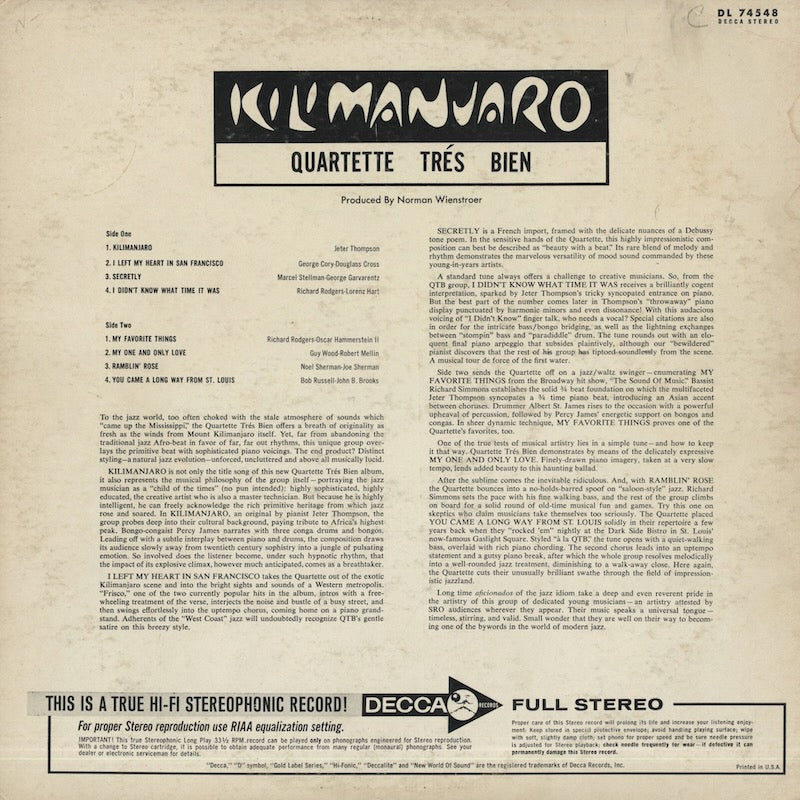 キリマンジャロ Quartette Tres Bien Quartette Trés Bien – Kilimanjaro – Vinyl (LP, Album + 3