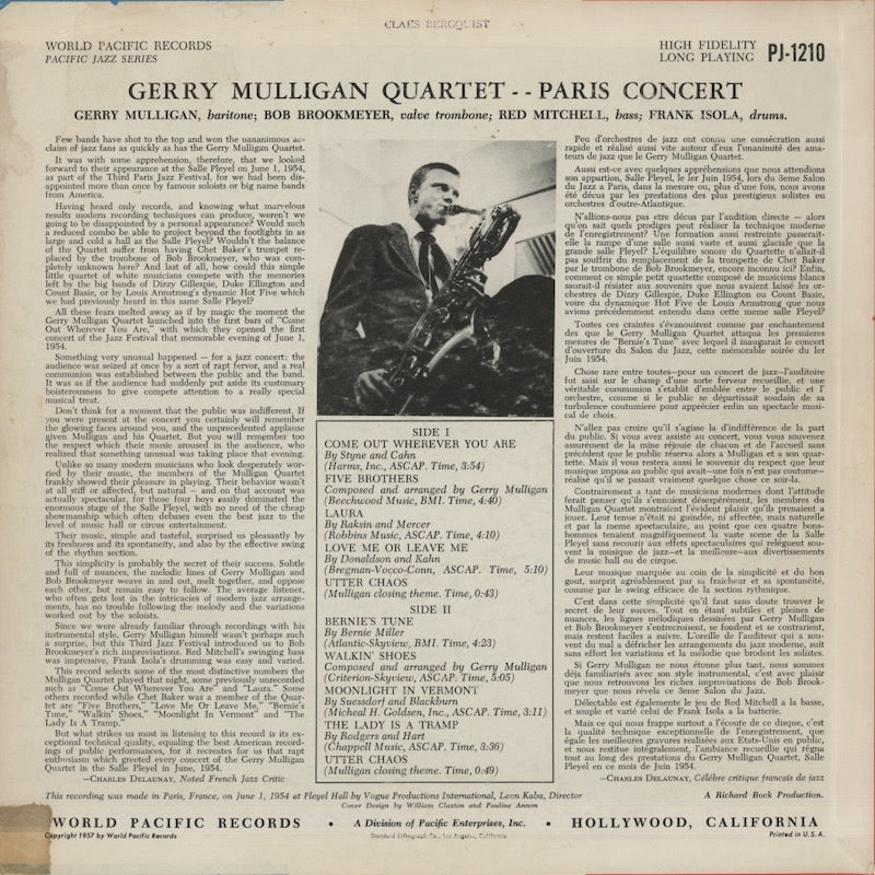 Gerry Mulligan Quartet / ジェリー・マリガン / Paris Concert (PJ-1210)