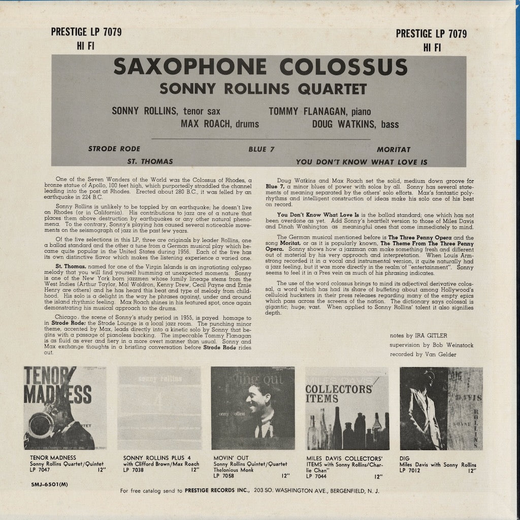 Sonny Rollins - Saxophone Colossus (SMJ-6501M) LP 1976 JPN Prestige｜中古LP