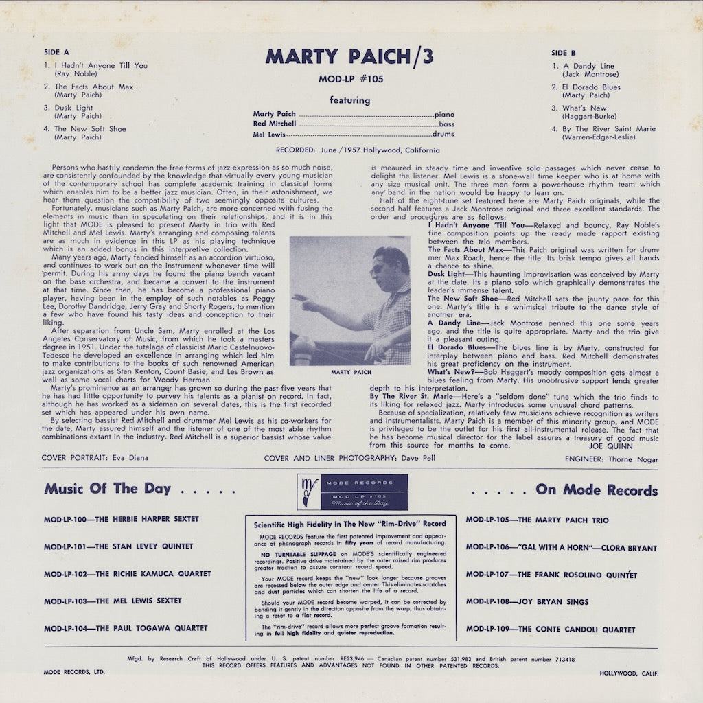 Marty Paich / マーティ・ペイチ / Marty Paich Trio (Mod-LP-105)