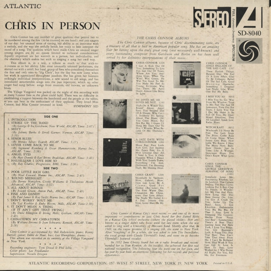 Chris Connor – Chris In Person (SD-8040) LP 1960 US Atlantic | 中古LP