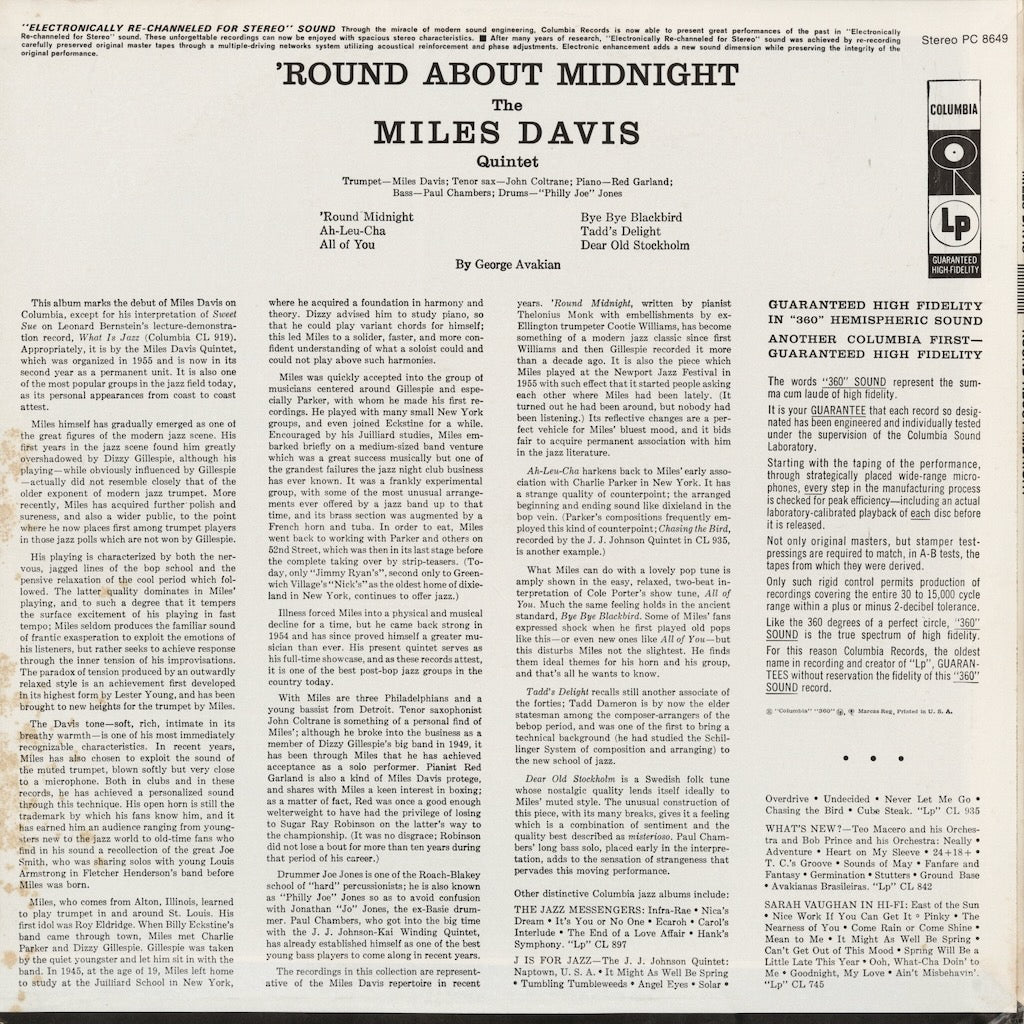 Miles Davis / マイルス・デイヴィス / 'Round About Midnight (PC 8649) 1975 US Columbia Red