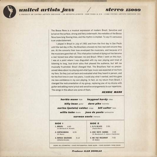 Herbie Mann - Brazil, Bossa Nova & Blues (UAJS 15009) LP 1962 US United Artists Jazz｜中古LP