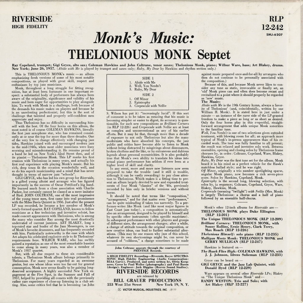 Thelonious Monk - Monk's Music (SMJ-6207) LP 1977 JPN Riverside｜中古LP