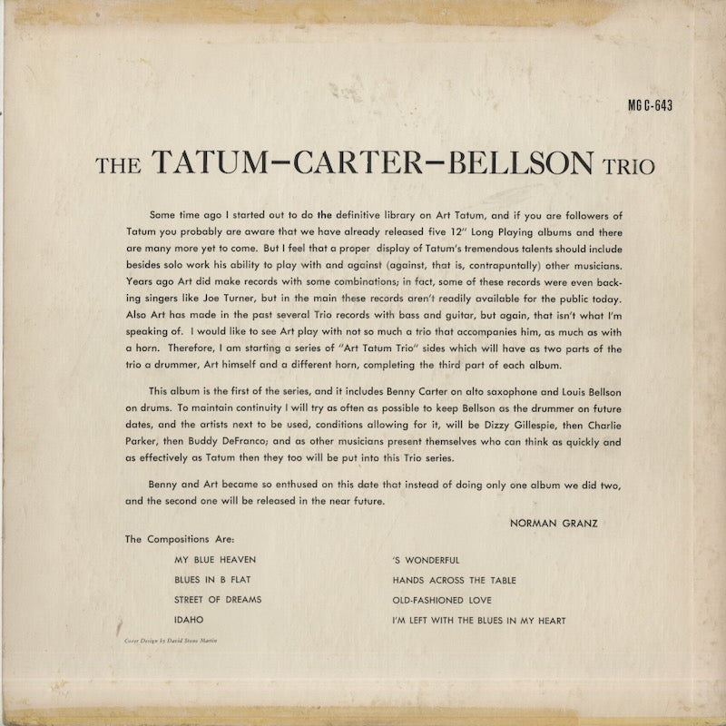 Art Tatum - Benny Carter - Louis Bellson / The Tatum-Carter-Bellson Trio (MG C-643)