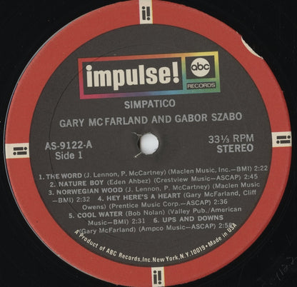 Gary McFarland, Gabor Szabo - Simpatico (AS-9122) 1970 US Impulse｜中古LP