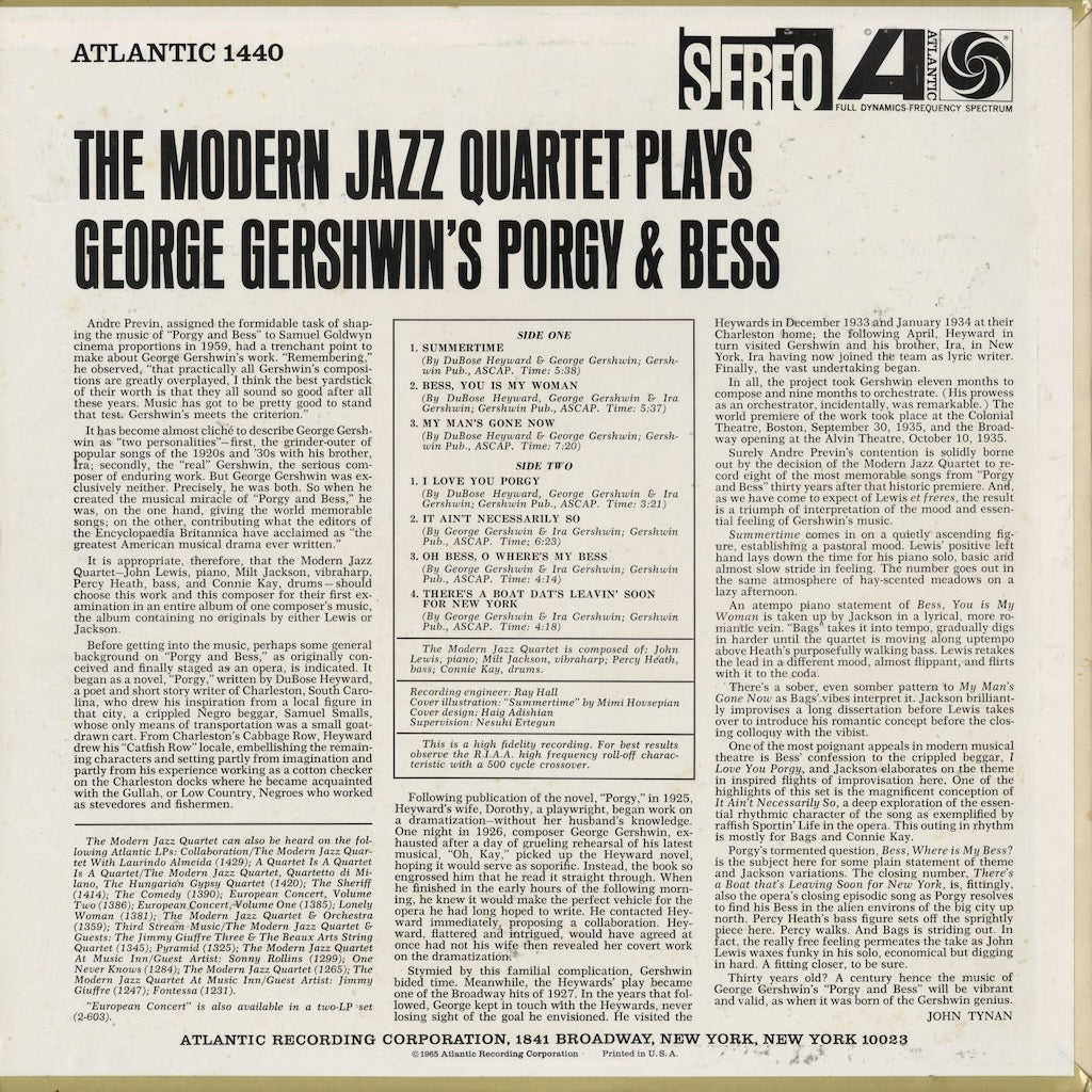The Modern Jazz Quartet - The Modern Jazz Quartet Plays George Gershwin's Porgy & Bess (SD 1440) 1961 US Atlantic｜中古LP