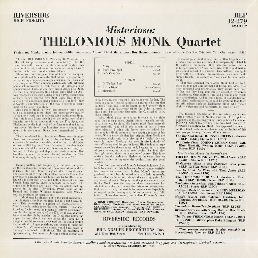 Thelonious Monk / セロニアス・モンク / Misterioso (SMJ-6119)