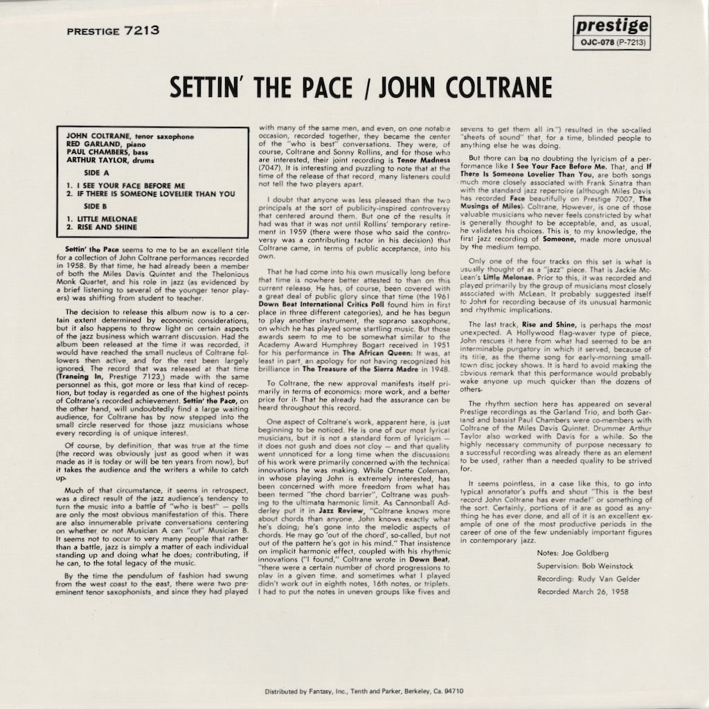 John Coltrane / ジョン・コルトレーン / Settin' The Pace (OJC-078)