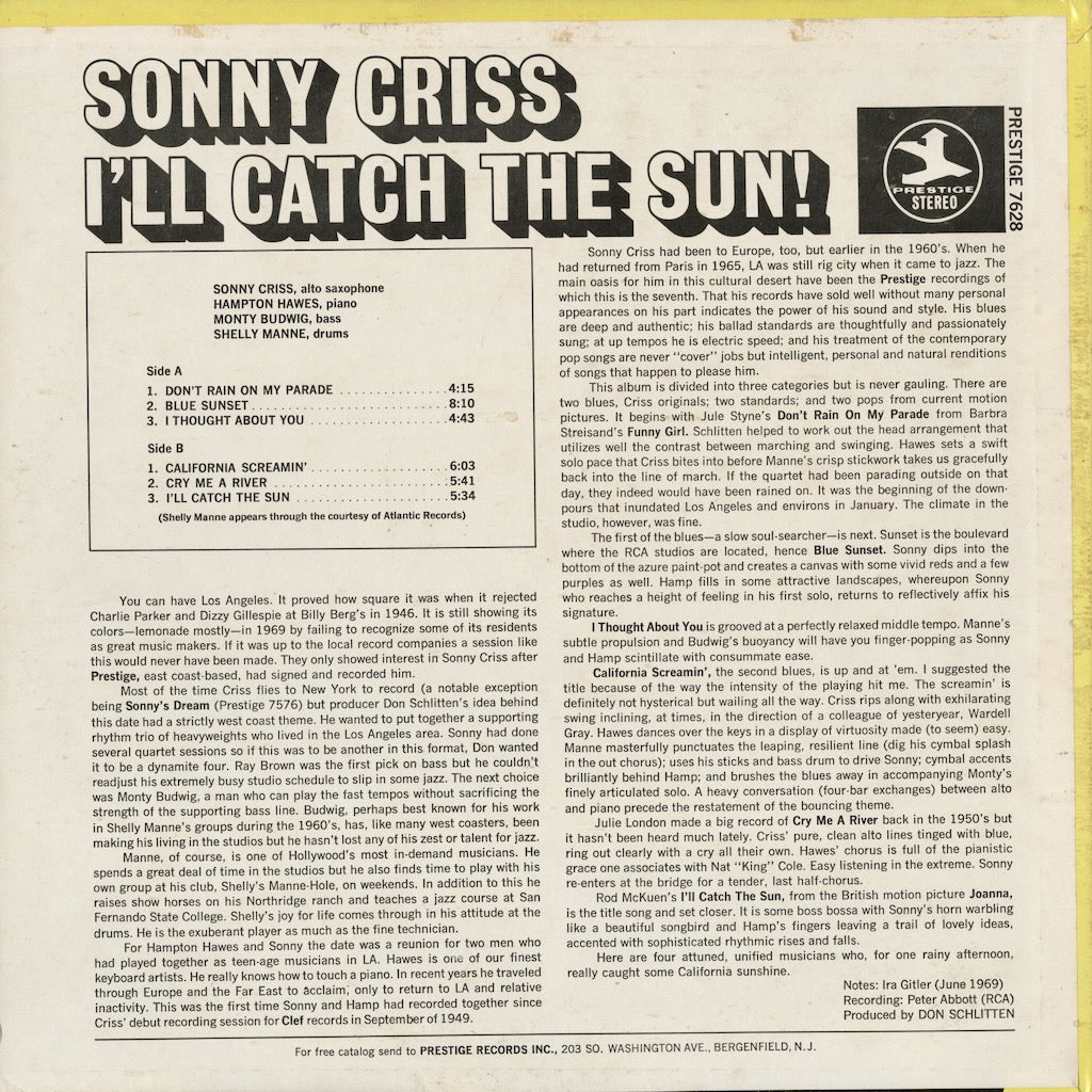 Sonny Criss - I'll Catch The Sun (PRST 7628) LP 1969 US Prestige｜中古LP