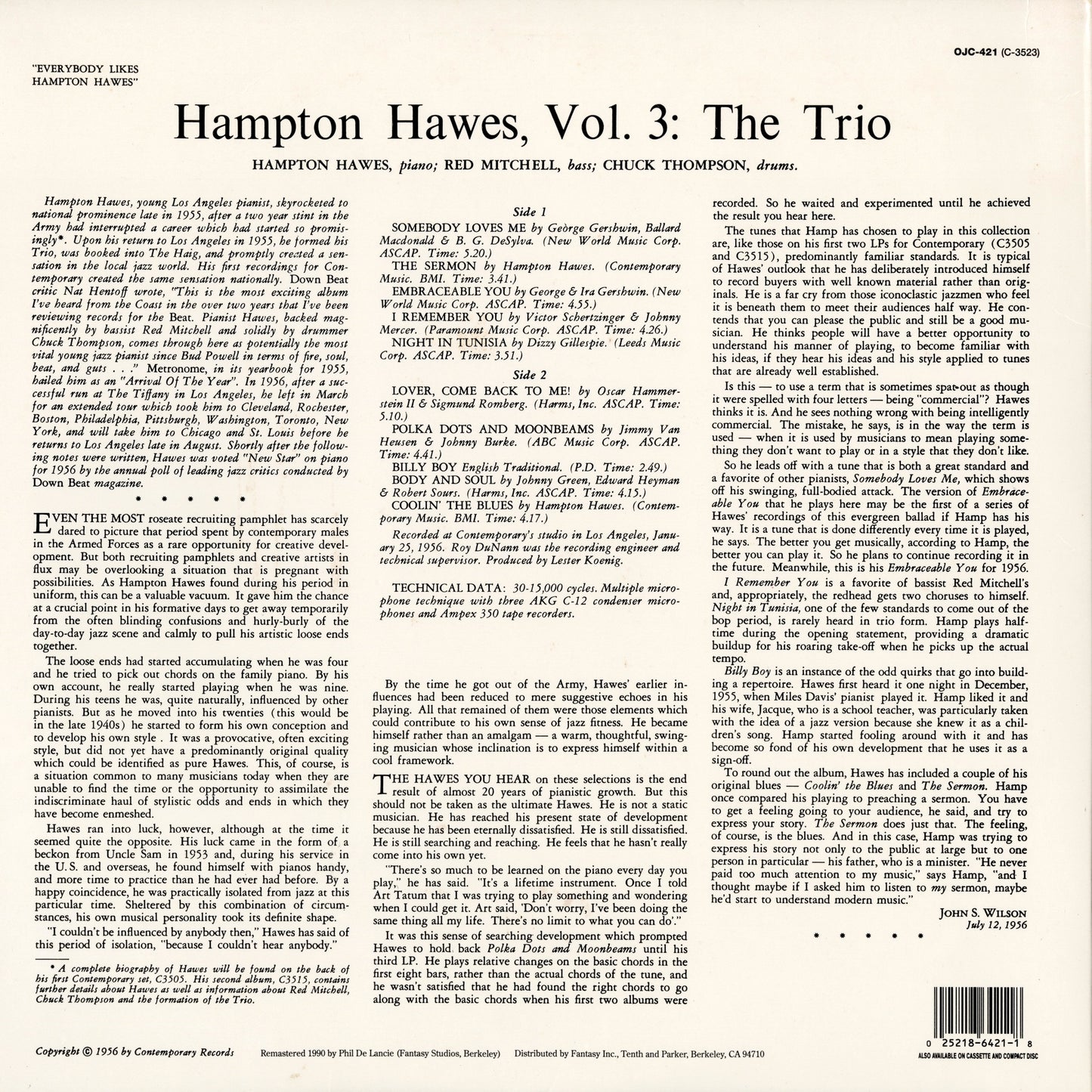 Hampton Hawes / ハンプトン・ホーズ / Everybody Likes Hampton Hawes, Vol. 3: The Trio (OJC-421)