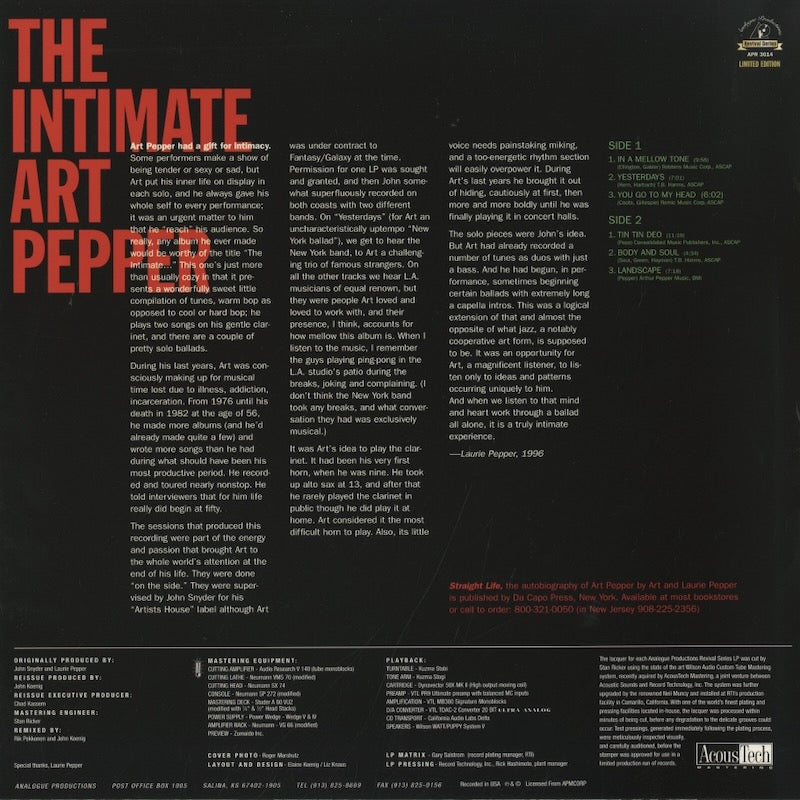 Art Pepper / アート・ペッパー / Intimate Art Pepper (APR 3014)