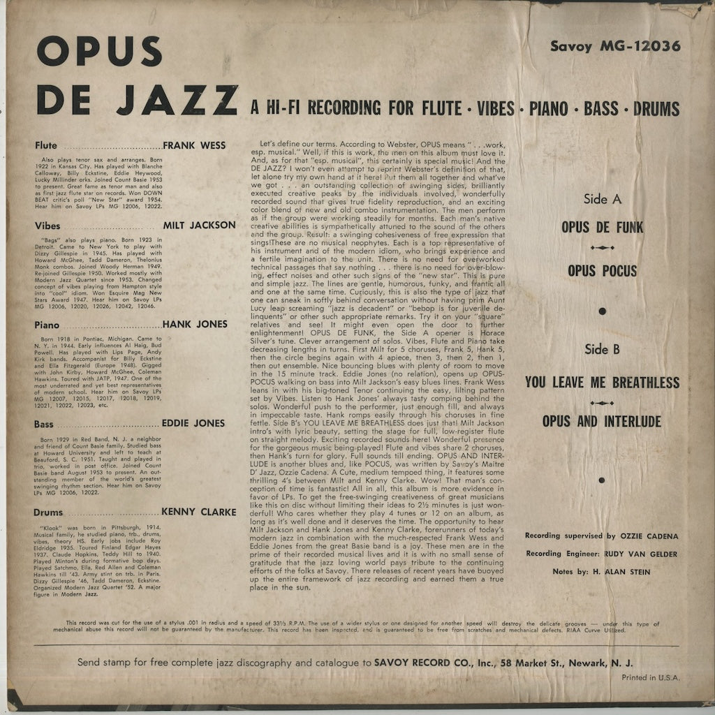 Milt Jackson / ミルト・ジャクソン / Opus De Jazz (MG 12036)