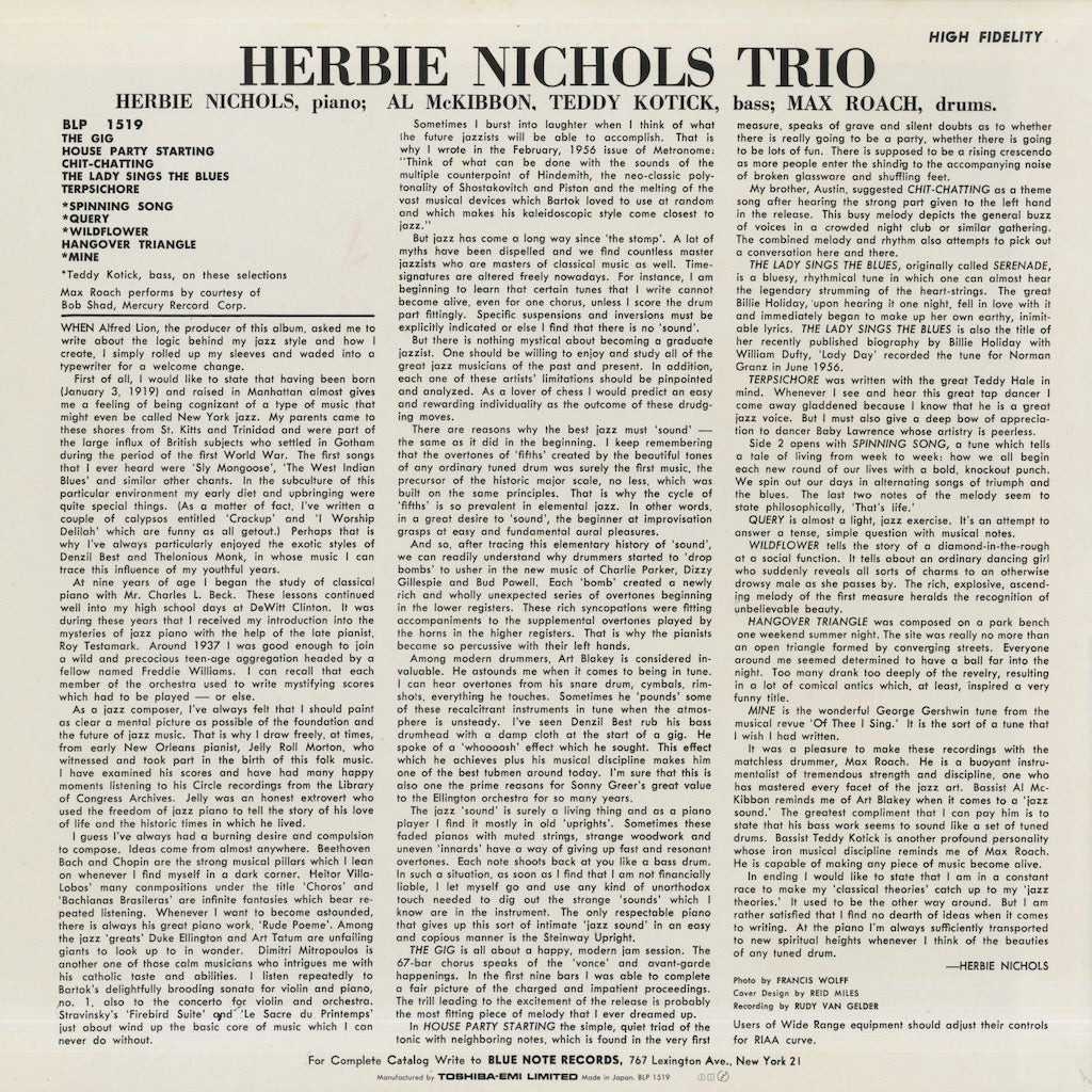 Herbie Nichols / ハービー・ニコルス / Herbie Nichols Trio (BN 1519)