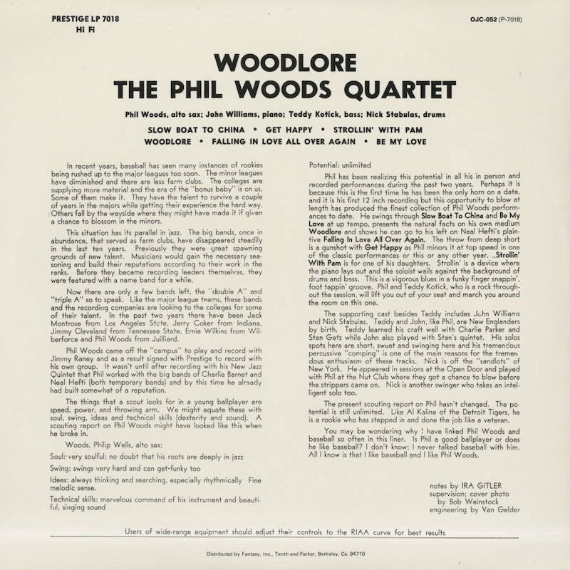 Phil Woods Quartet / フィル・ウッズ / Woodlore (OJC-052)