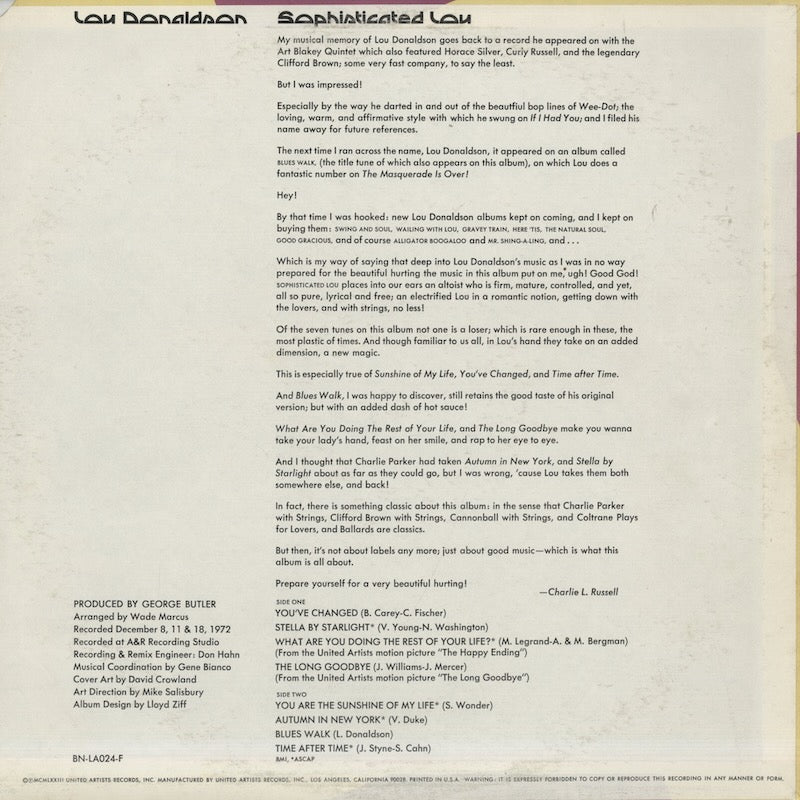 Lou Donaldson / ルー・ドナルドソン / Sophisticated Lou (BN-LA024-F 