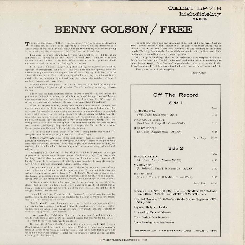 Benny Golson Quartet - Free (MJ-1004) 1975 JPN Cadet｜中古LP