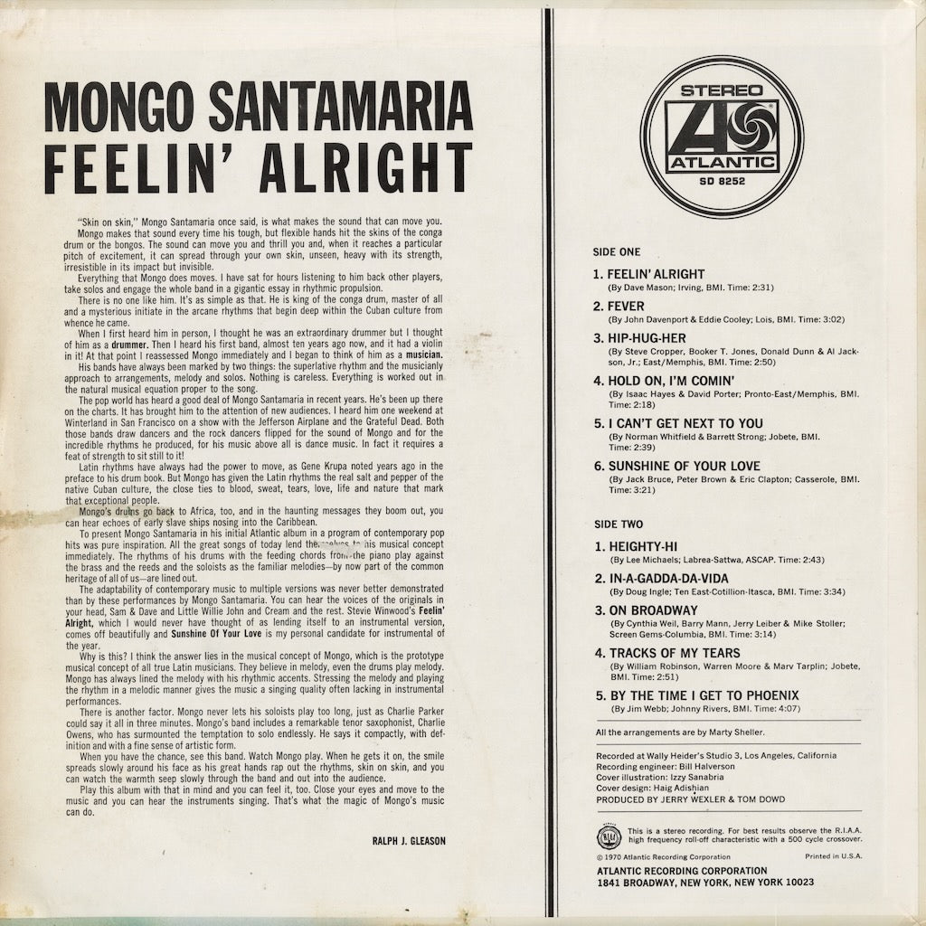 Mongo Santamaria - Feelin' Alright (SD 8252) LP 1970 US Atlantic｜中古LP