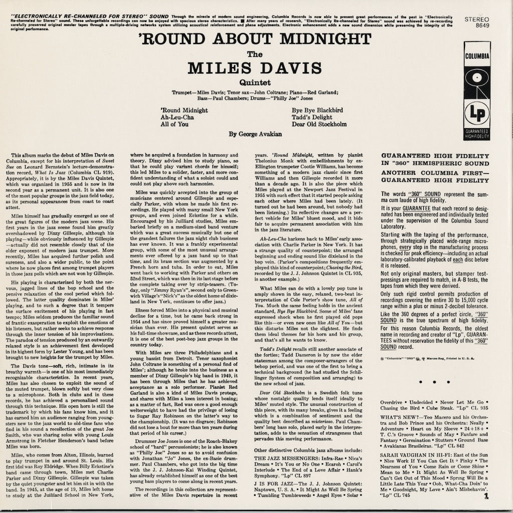 Miles Davis - 'Round About Midnight (PC 8649) 1975 US Columbia｜中古LP