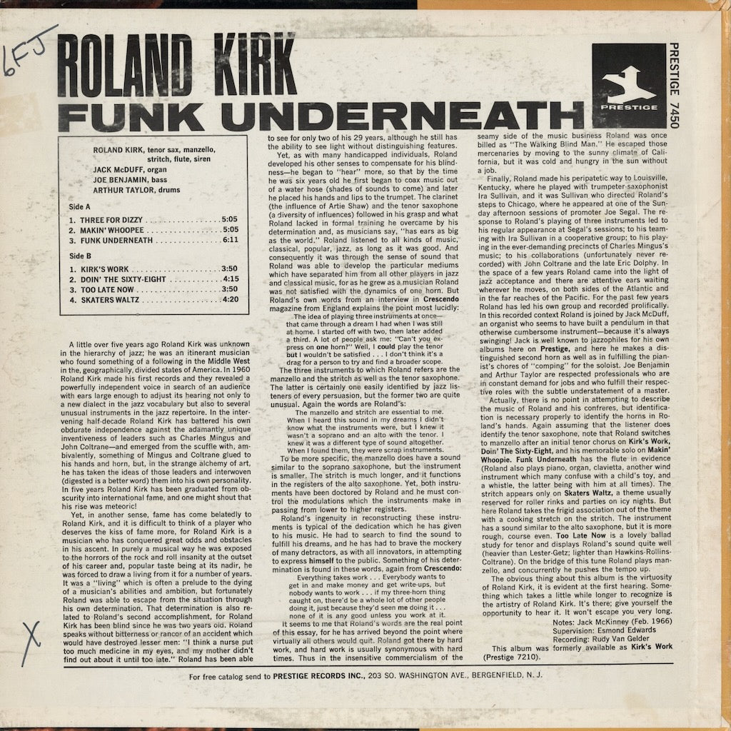 Roland Kirk With Jack McDuff - Funk Underneath (PR 7450) 1967 US Prestige｜中古LP