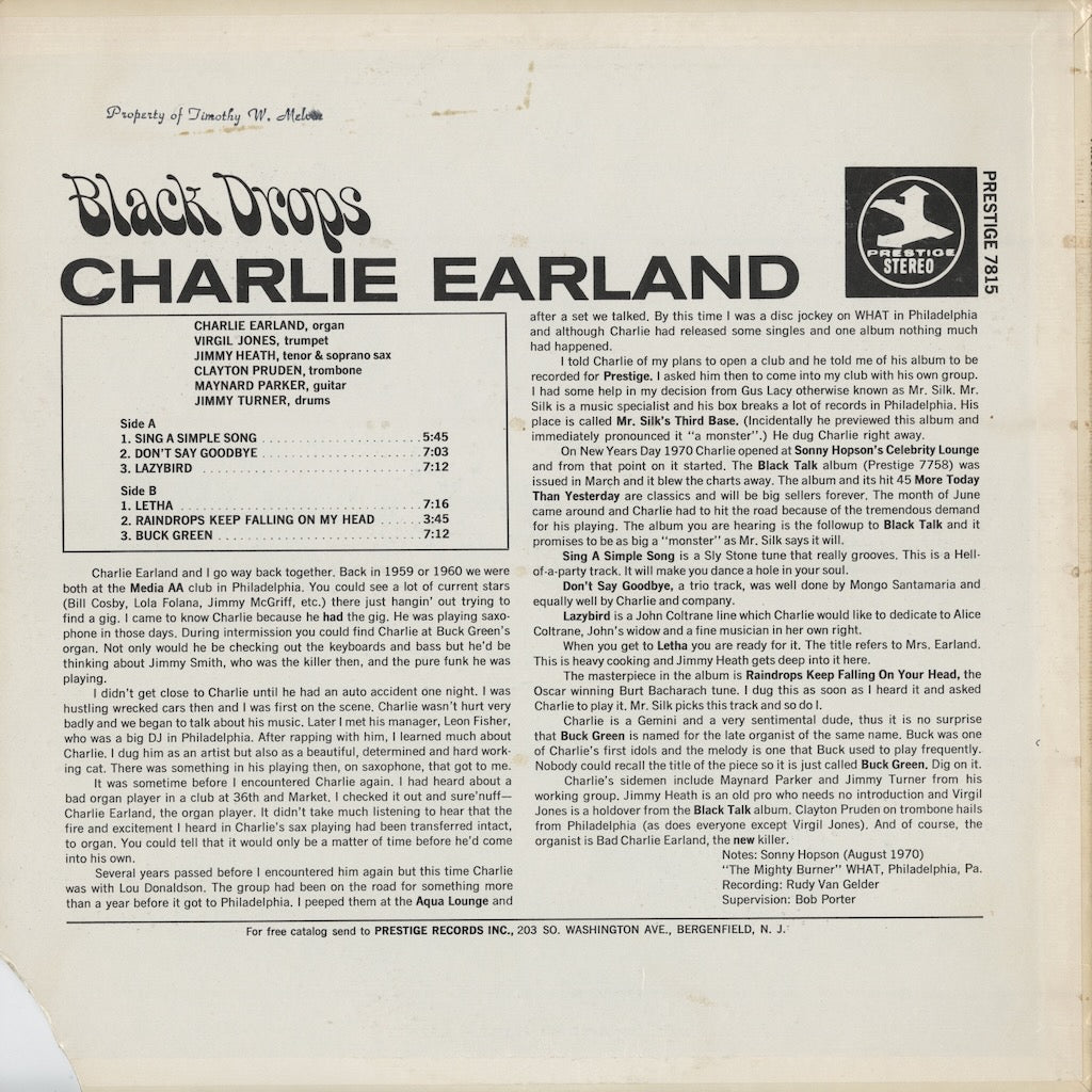 Charles Earland - Black Drops (PRST 7815) LP 1970 US Prestige