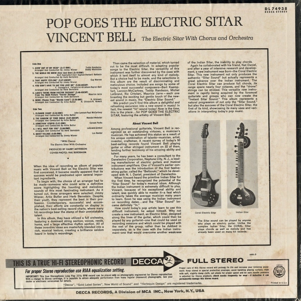 Vincent Bell With Orchestra – Pop Goes The Electric Sitar (DL 74938) LP 1967 US Decca｜中古LP