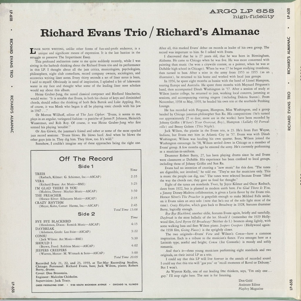 Richard Evans - Richard's Almanac (LP658) 1959 US ARGO｜中古LP