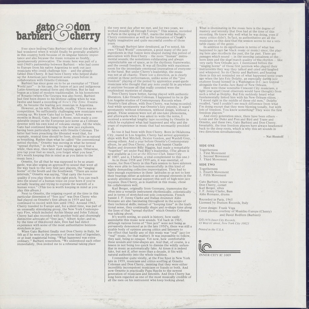 Gato Barbieri & Don Cherry / ガトー・バルビエリ　ドン・チェリー / S.T. (IC1009)