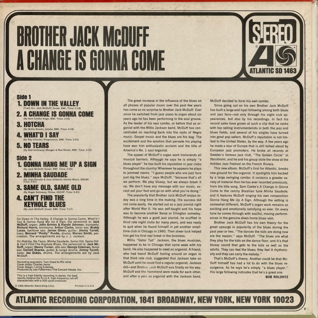 Brother Jack McDuff - A Change Is Gonna Come (SD 1463) 1966 US Atlantic｜中古LP