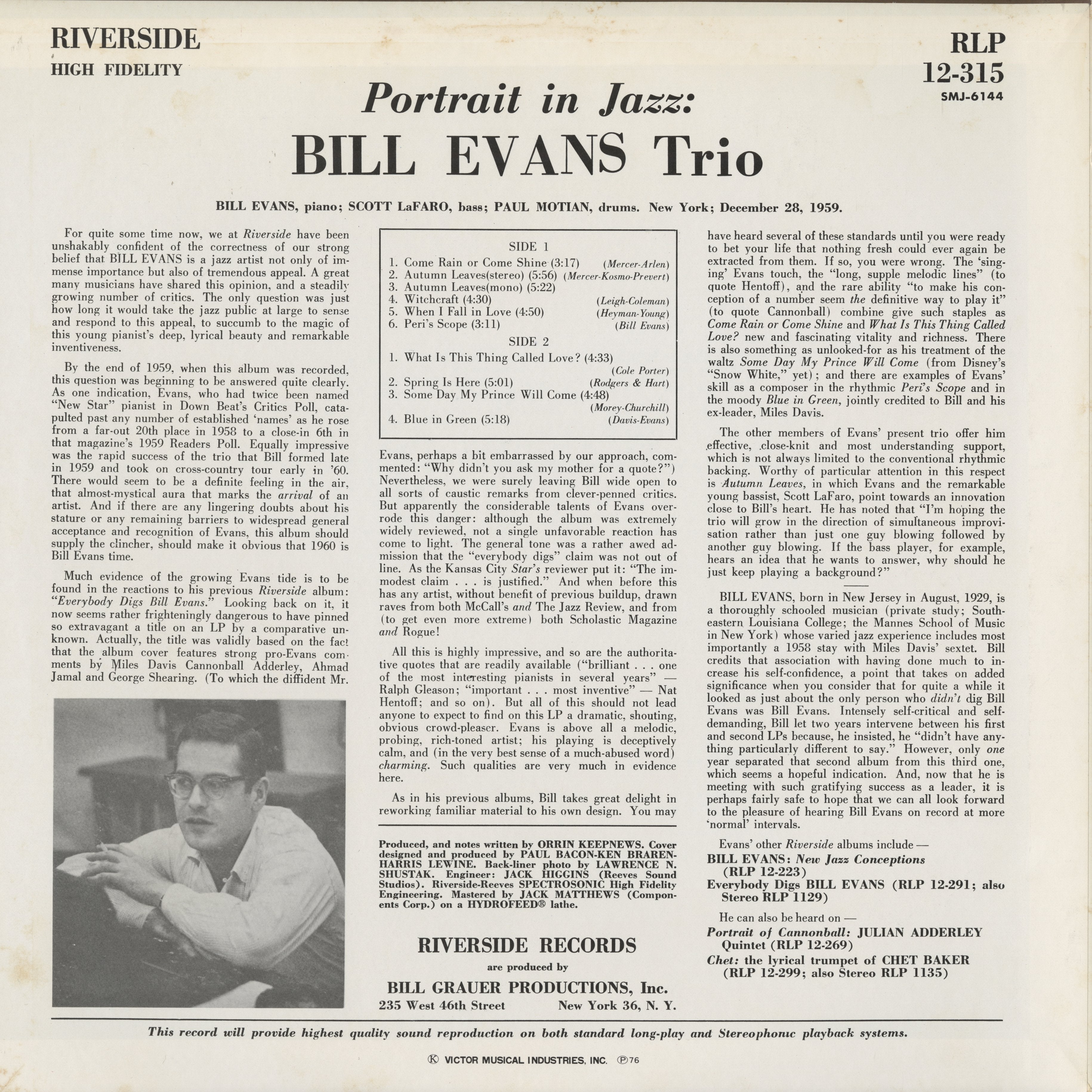 Bill Evans Trio Portrait In Jazz LP 中古レコード | Riverside
