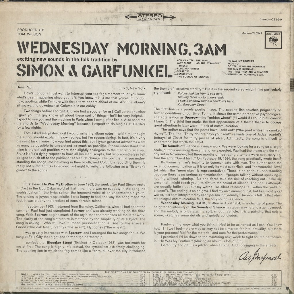 Simon and Garfunkel / サイモン＆ガーファンクル / Wednesday Morning, 3AM (CL 2249)