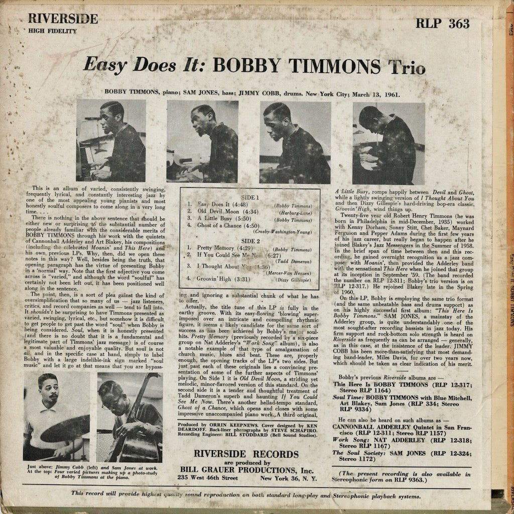 Bobby Timmons - Easy Does It (RLP 9363) LP 1961 US Riverside｜中古LP