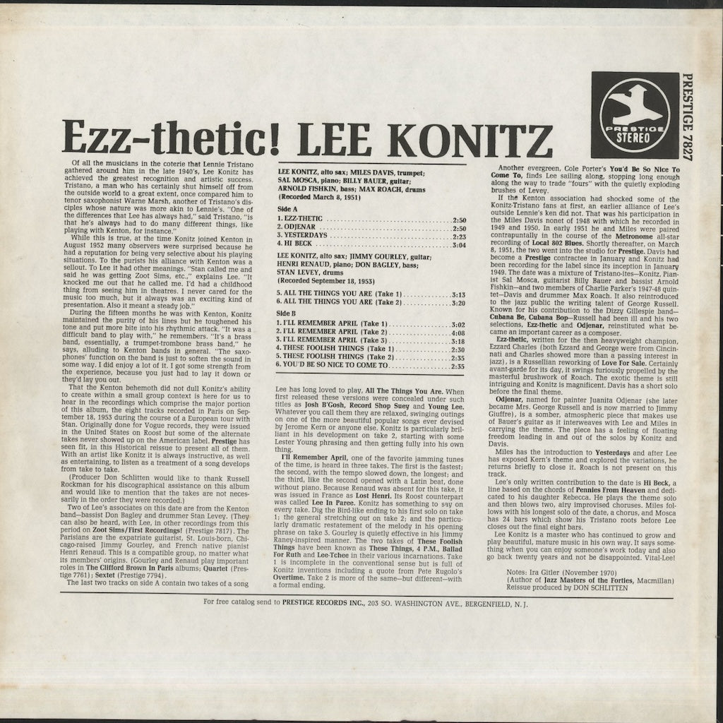 Lee Konitz / リー・コニッツ / Ezz-thetic! (PRT-7827)