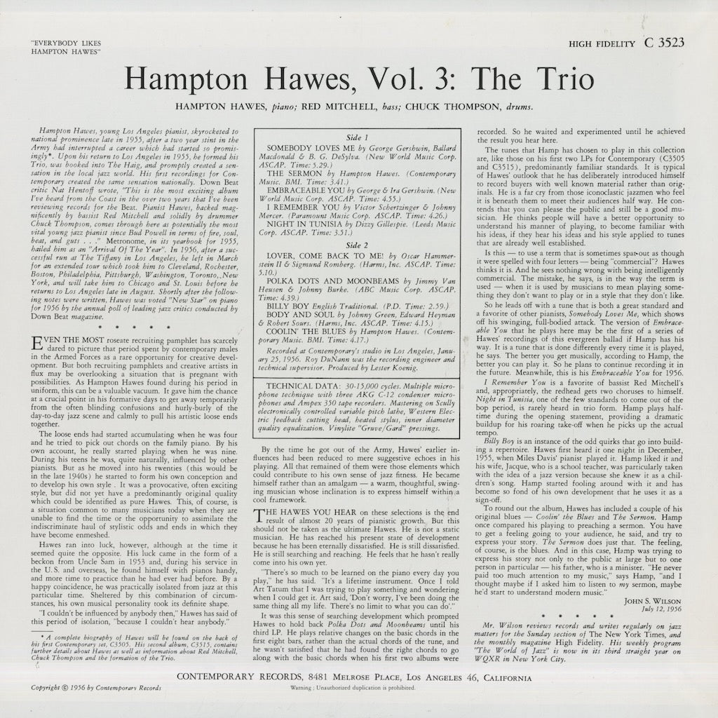 Hampton Hawes / ハンプトン・ホーズ / Everybody Likes Hampton Hawes, Vol. 3: The Trio (VIJJ-30024)