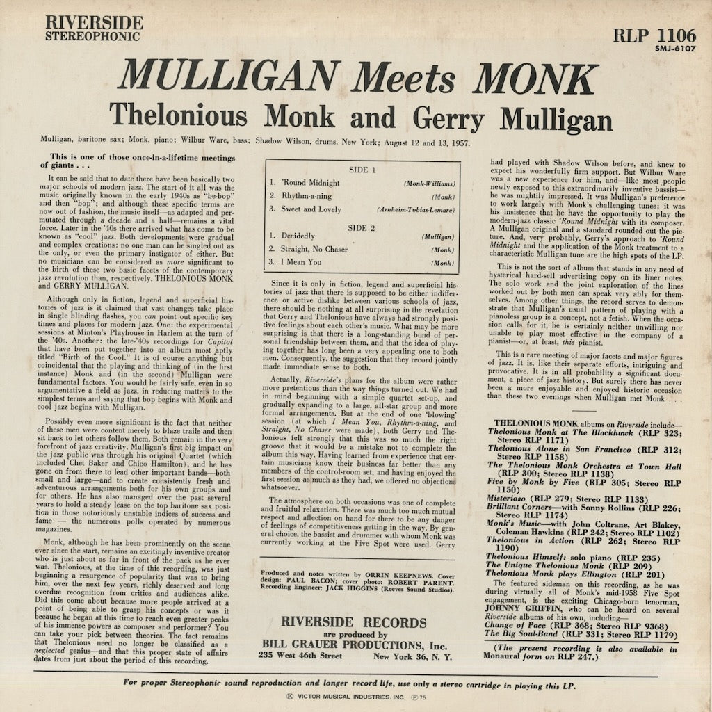 Thelonious Monk And Gerry Mulligan / セロニアス・モンク　ジェリー・マリガン / Mulligan Meets Monk (SMJ-6107)