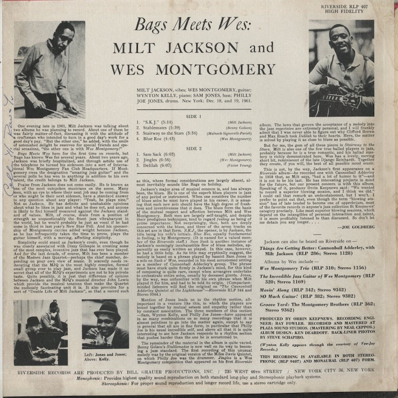 Milt Jackson - Wes Montgomery / ミルト・ジャクソン　ウェス・モンゴメリー / Bags Meets Wes! (RLP 407)